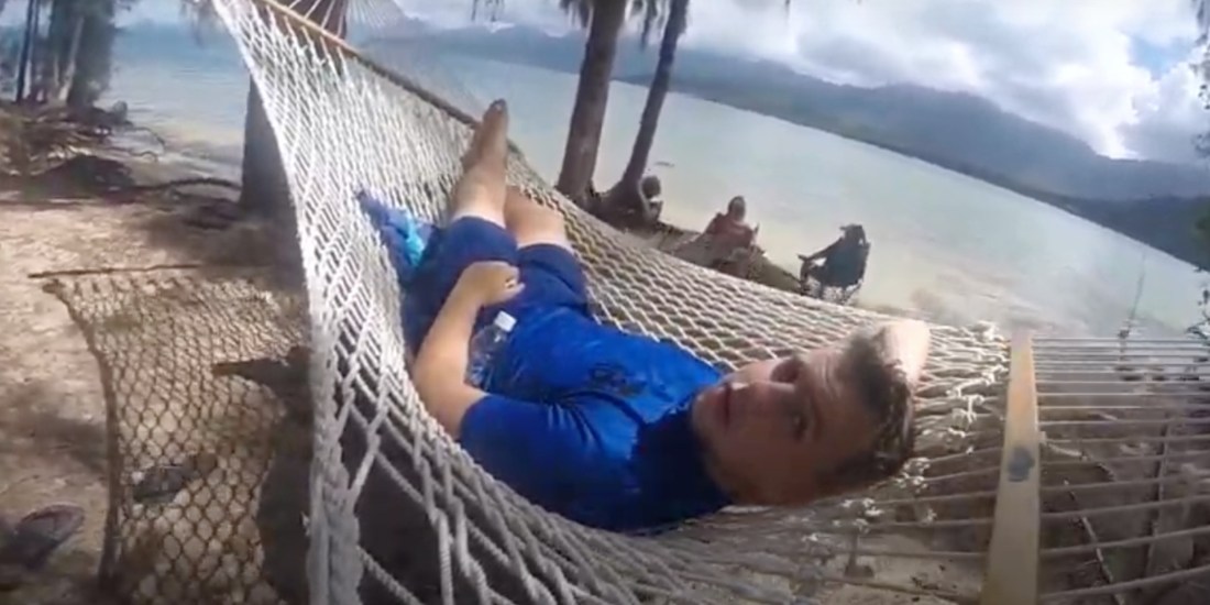 Paddy Kelly lying on a hammock in Hawaii, 2014