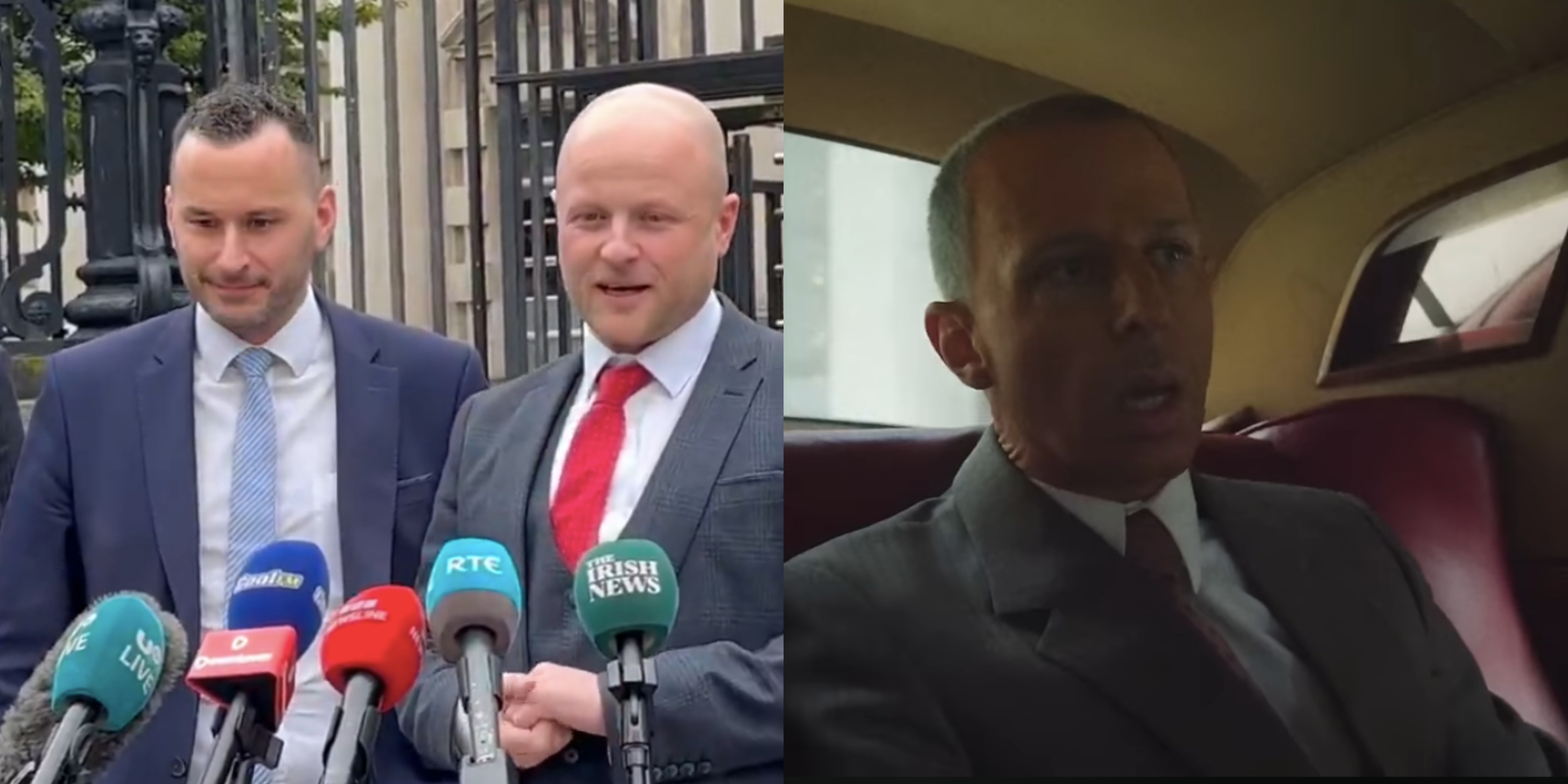 TUV politician Timothy Gaston and Orange Order 'legal adviser' Jamie Bryson celebrating outside a court in Belfast, 2026; Jeremy Strong playing Roy Cohn in 'The Apprentice' (2024)